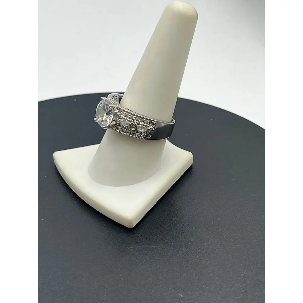 PP Signed 925 Sterling Silver Large Round CZ Engagement Promise Ring Sz‎ 9.5